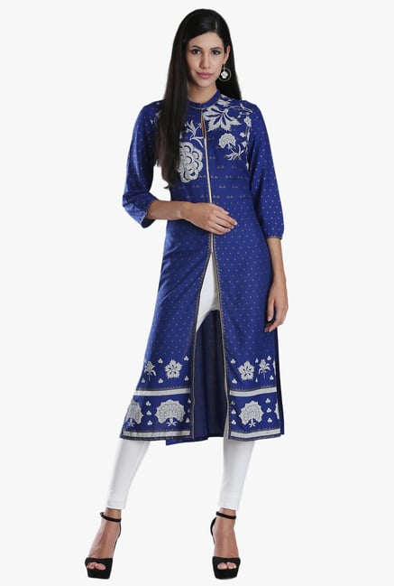 W Blue Block Print Viscose Kurta W Blue Block Print Viscose Kurta