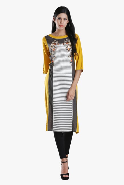 W White & Mustard Embroidered Viscose Kurta W White & Mustard Embroidered Viscose Kurta
