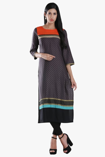 W Grey Block Print Viscose Kurta W Grey Block Print Viscose Kurta