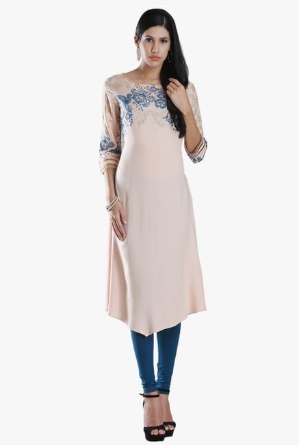 W Peach Floral Print Viscose Kurta W Peach Floral Print Viscose Kurta