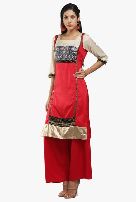 W Red Block Print Viscose Kurta W Red Block Print Viscose Kurta