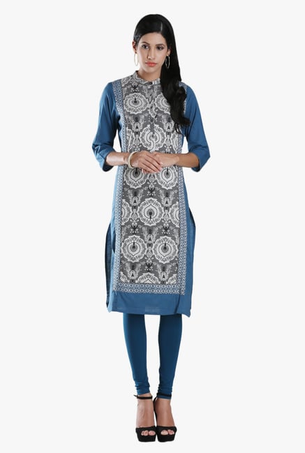 W Grey & Navy Block Print Cotton Kurta W Grey & Navy Block Print Cotton Kurta