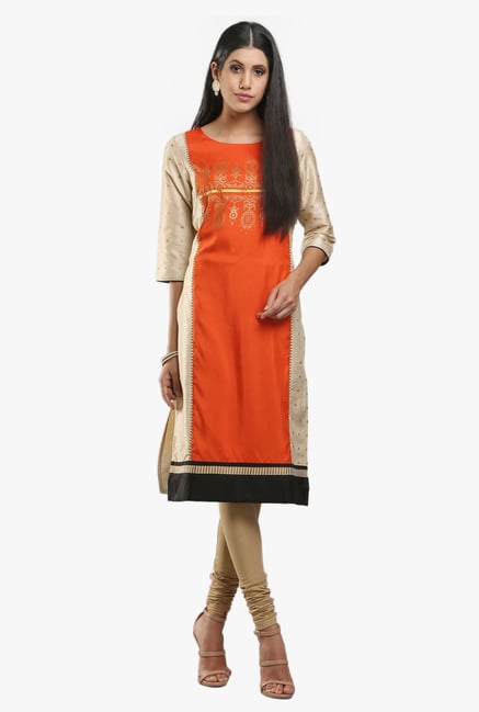 W Orange & Beige Block Print Kurta W Orange & Beige Block Print Kurta