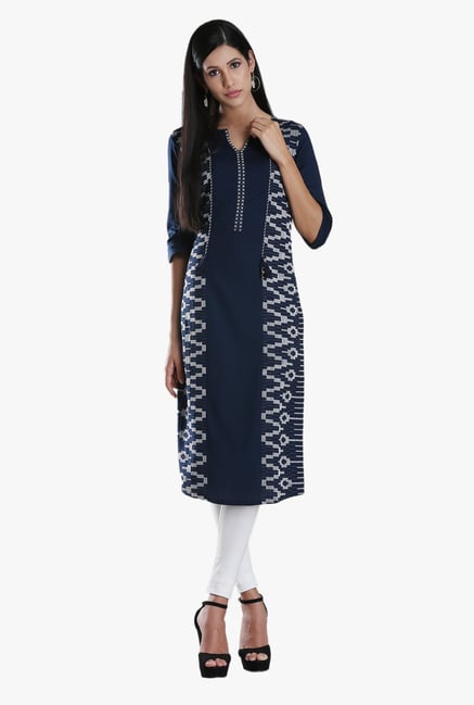 W Navy Printed Cotton Kurta W Navy Printed Cotton Kurta