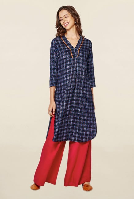 Global Desi Navy Printed Kurta Global Desi Navy Printed Kurta