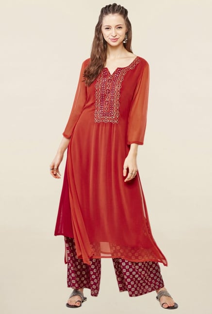 Global Desi Rust Embroidered Suit Set Global Desi Rust Embroidered Suit Set