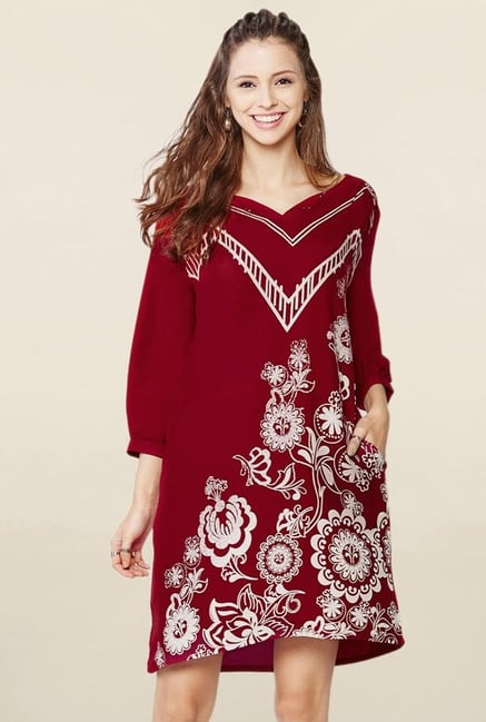 Global Desi Dark Red Floral Print Tunic Global Desi Dark Red Floral Print Tunic