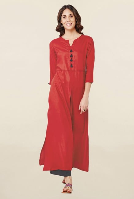Global Desi Dark Red Round Neck Kurta Global Desi Dark Red Round Neck Kurta