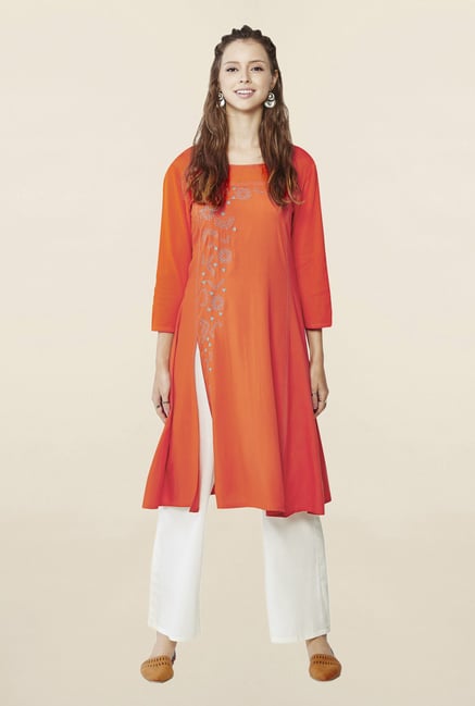 Global Desi Orange Embroidered Kurta Global Desi Orange Embroidered Kurta