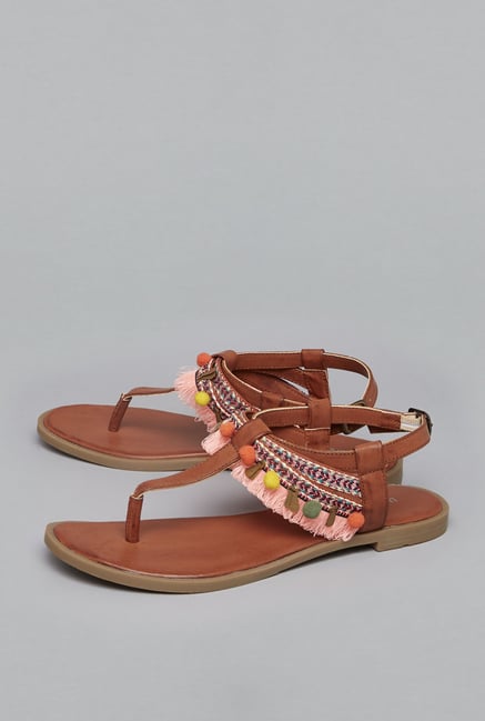 LUNA BLU by Westside Tan Pom-Pom Sandals LUNA BLU by Westside Tan Pom-Pom Sandals