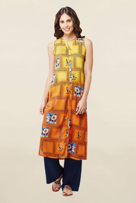 Global Desi Yellow & Orange Floral Print Kurta Global Desi Yellow & Orange Floral Print Kurta