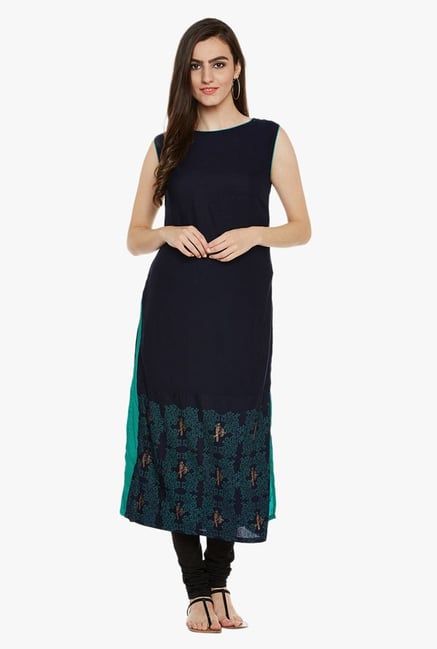 9rasa Navy Printed Cotton Viscose Kurta 9rasa Navy Printed Cotton Viscose Kurta