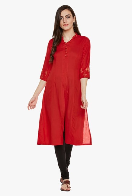9rasa Red Band Neck Cotton Viscose Kurta 9rasa Red Band Neck Cotton Viscose Kurta
