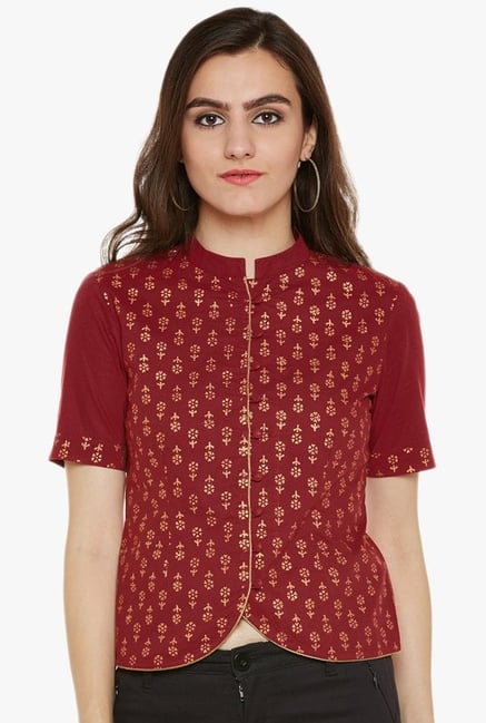 9rasa Maroon Printed Cotton Crop Top 9rasa Maroon Printed Cotton Crop Top