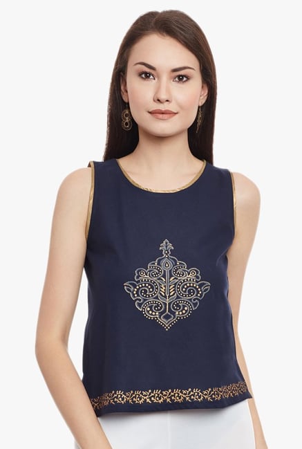 9rasa Navy Printed Cotton Mangalgiri Top 9rasa Navy Printed Cotton Mangalgiri Top