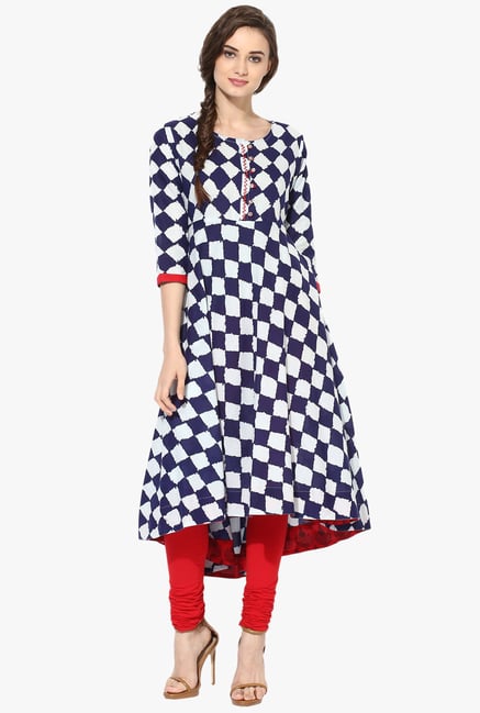 Mytri Navy & White Printed Anarkali Kurta Mytri Navy & White Printed Anarkali Kurta