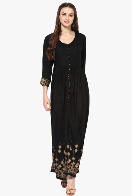 Mytri Black Printed Rayon Anarkali Kurta Mytri Black Printed Rayon Anarkali Kurta