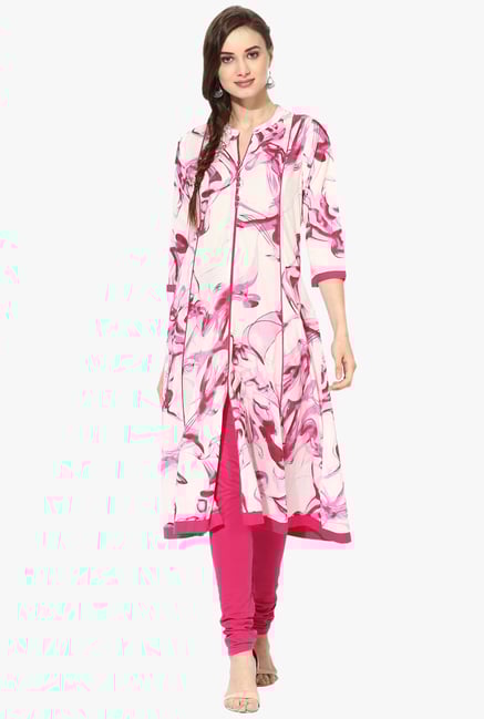 Mytri White & Pink Printed Rayon Anarkali Kurta Mytri White & Pink Printed Rayon Anarkali Kurta