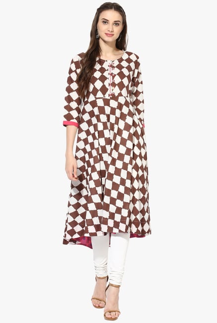 Mytri Brown & White Printed Anarkali Kurta Mytri Brown & White Printed Anarkali Kurta