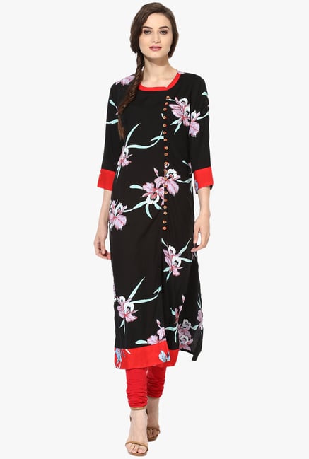 Mytri Black Floral Print Rayon Kurta Mytri Black Floral Print Rayon Kurta
