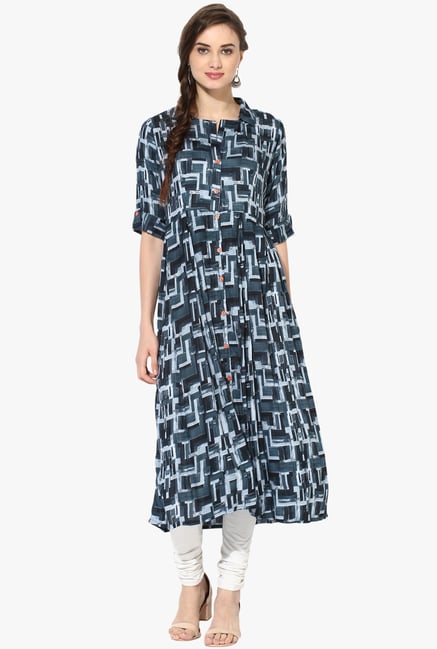 Mytri Black Printed Rayon Anarkali Kurta Mytri Black Printed Rayon Anarkali Kurta