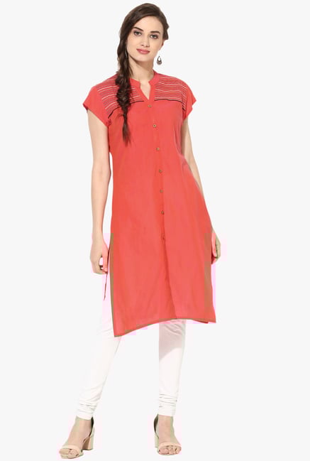 Mytri Coral Embroidered Cotton Kurta Mytri Coral Embroidered Cotton Kurta