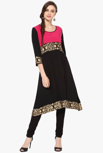 Mytri Black Printed Rayon A Line Kurta Mytri Black Printed Rayon A Line Kurta