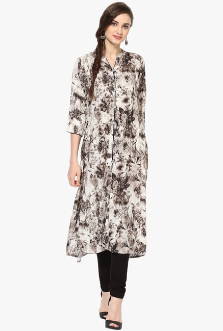 Mytri Grey Printed Rayon Anarkali Kurta Mytri Grey Printed Rayon Anarkali Kurta