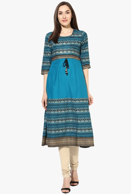 Mytri Teal Printed Anarkali Kurta Mytri Teal Printed Anarkali Kurta
