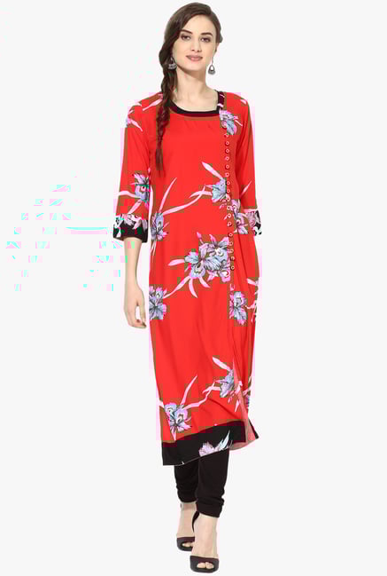 Mytri Red Floral Print Rayon Kurta Mytri Red Floral Print Rayon Kurta