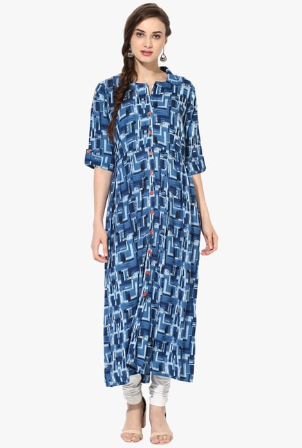 Mytri Navy Printed Rayon Anarkali Kurta Mytri Navy Printed Rayon Anarkali Kurta