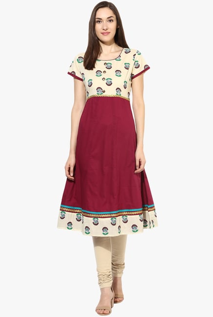 Mytri Maroon & Beige Printed Anarkali Kurta Mytri Maroon & Beige Printed Anarkali Kurta
