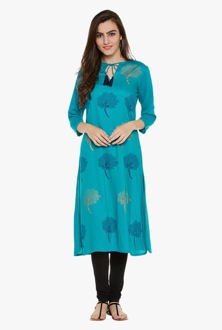 9rasa Green Block Print Cotton Viscose Kurta 9rasa Green Block Print Cotton Viscose Kurta