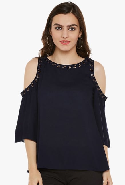 9rasa Navy Round Neck Cotton Viscose Top 9rasa Navy Round Neck Cotton Viscose Top