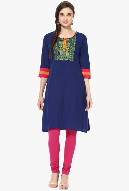 Mytri Navy Embroidered Cotton Kurta Mytri Navy Embroidered Cotton Kurta