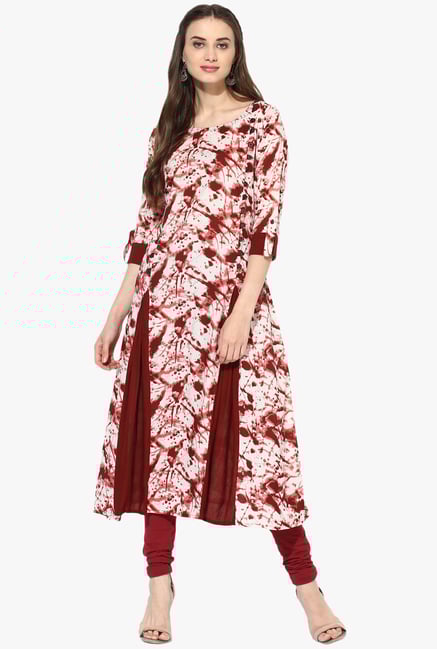 Mytri Maroon & White Printed Rayon Anarkali Kurta Mytri Maroon & White Printed Rayon Anarkali Kurta