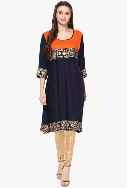 Mytri Navy Printed Rayon A Line Kurta Mytri Navy Printed Rayon A Line Kurta