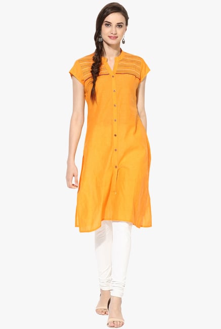 Mytri Yellow Embroidered Cotton Kurta Mytri Yellow Embroidered Cotton Kurta