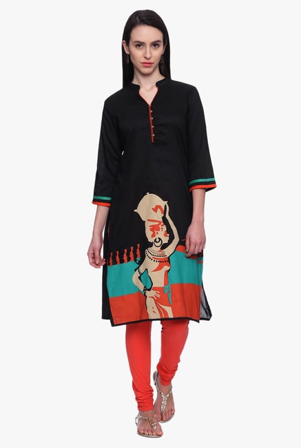 Mytri Black Printed Polyester Kurta Mytri Black Printed Polyester Kurta