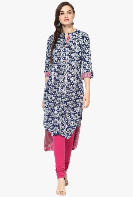 Mytri Navy Printed A Line Kurta Mytri Navy Printed A Line Kurta