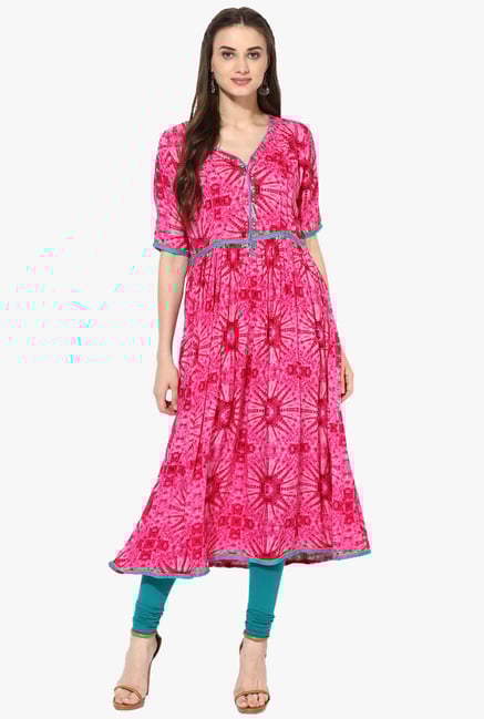 Mytri Pink Printed Rayon Anarkali Kurta Mytri Pink Printed Rayon Anarkali Kurta