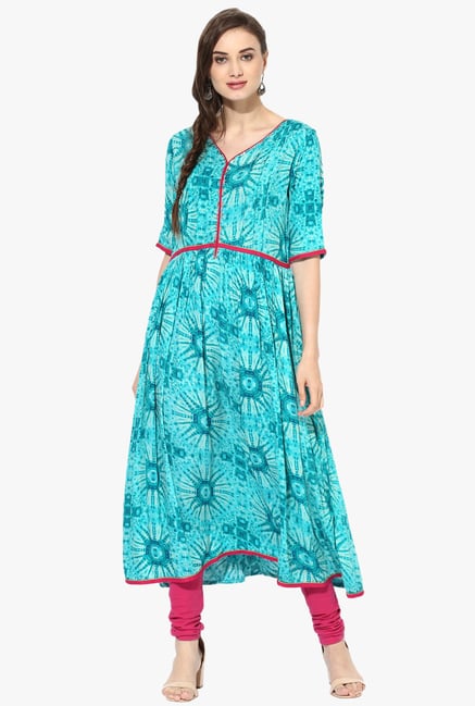 Mytri Turquoise Printed Rayon Anarkali Kurta Mytri Turquoise Printed Rayon Anarkali Kurta