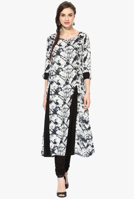 Mytri White & Black Printed Rayon Anarkali Kurta Mytri White & Black Printed Rayon Anarkali Kurta