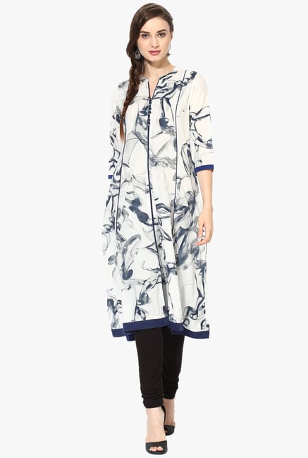Mytri White & Navy Printed Rayon Anarkali Kurta Mytri White & Navy Printed Rayon Anarkali Kurta