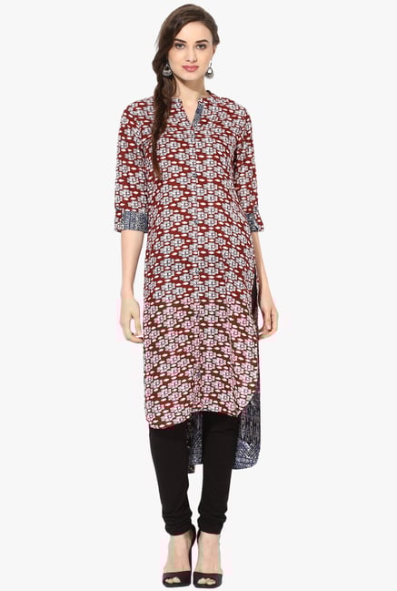 Mytri Maroon Printed A Line Kurta Mytri Maroon Printed A Line Kurta
