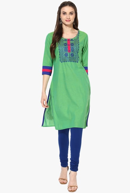 Mytri Green Embroidered Cotton Kurta Mytri Green Embroidered Cotton Kurta