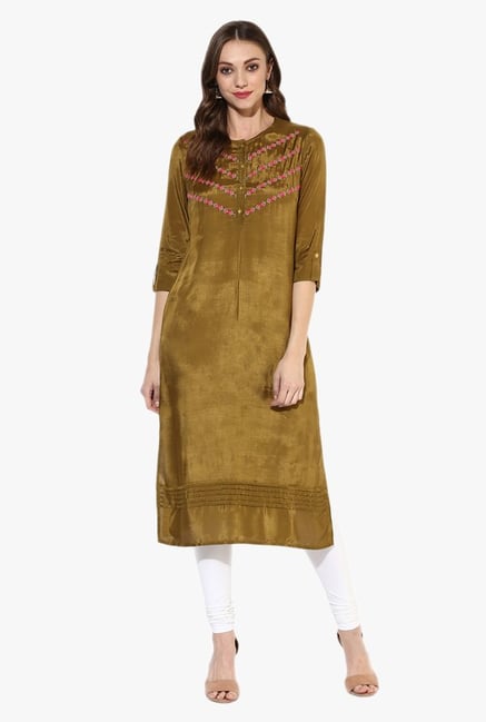 Juniper Olive Embroidered Viscose Kurta Juniper Olive Embroidered Viscose Kurta