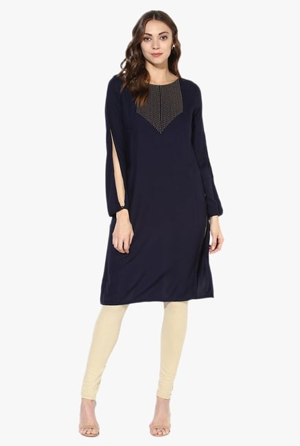 Juniper Navy Embroidered Rayon Kurta Juniper Navy Embroidered Rayon Kurta