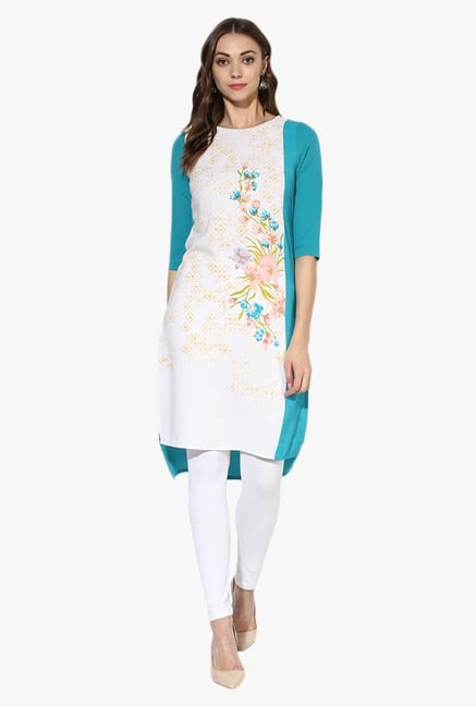 Juniper Turquoise & Off White Printed Polyester Kurta Juniper Turquoise & Off White Printed Polyester Kurta