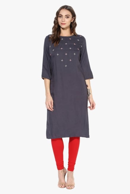 Juniper Grey Embroidered Rayon Kurta Juniper Grey Embroidered Rayon Kurta